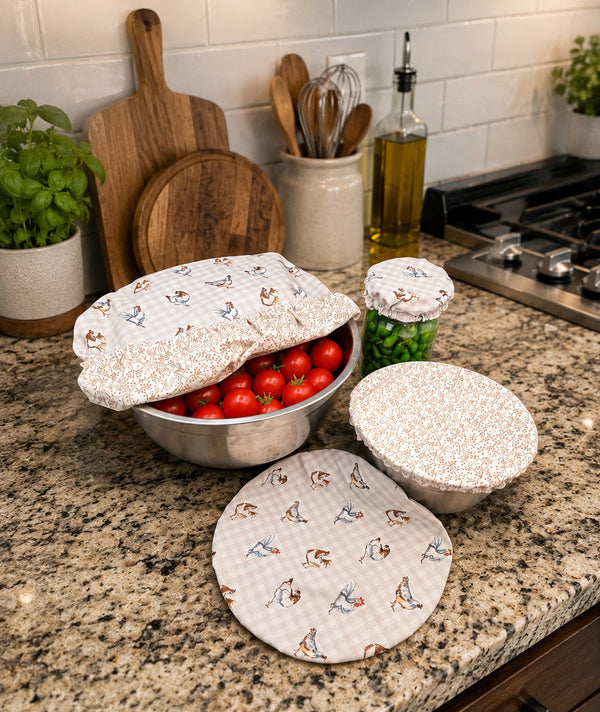 Chicken on Gingham / Tan Vine: Reversible Bowl Cover Set
