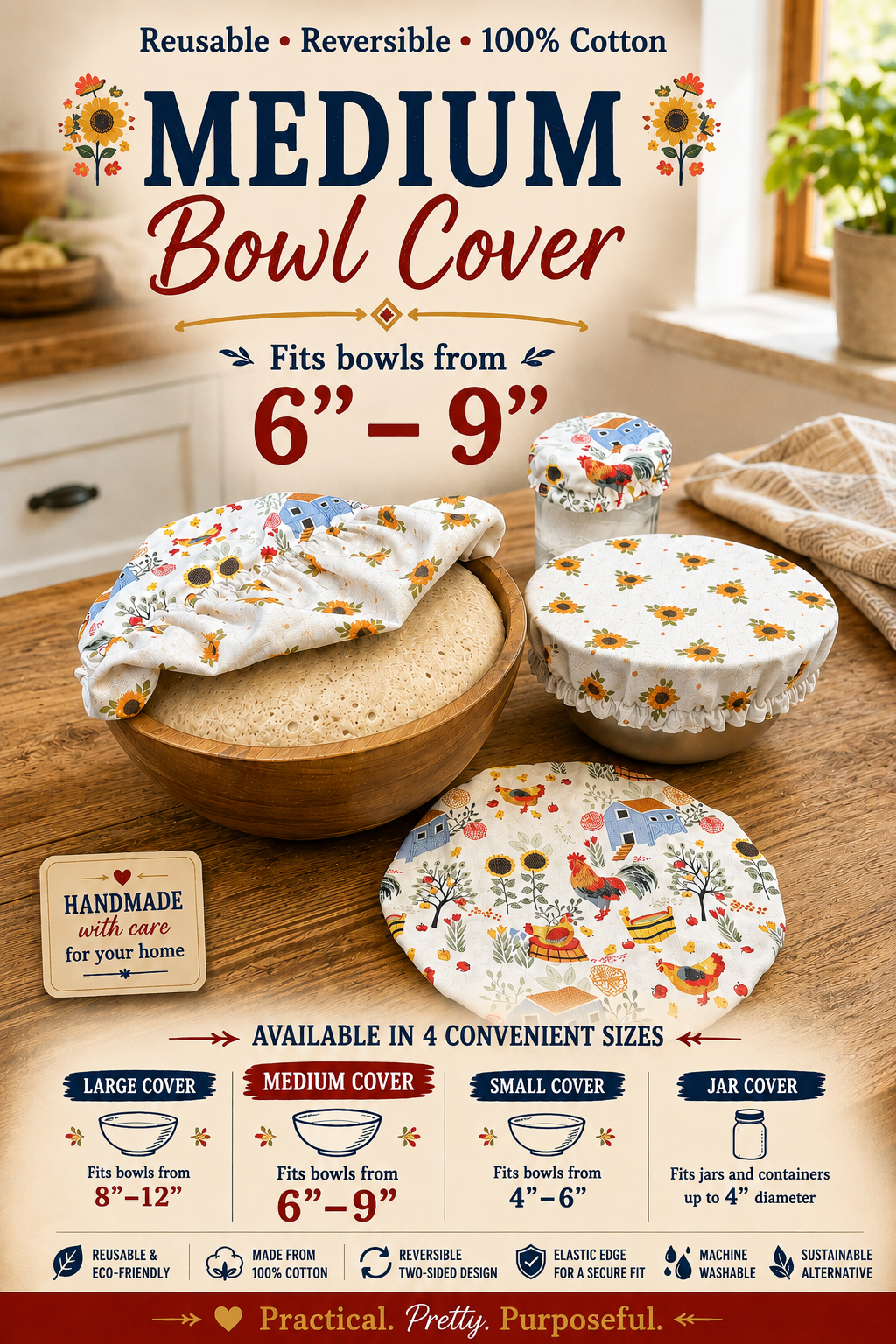 Handmade reversible cotton medium bowl cover for everyday food storage