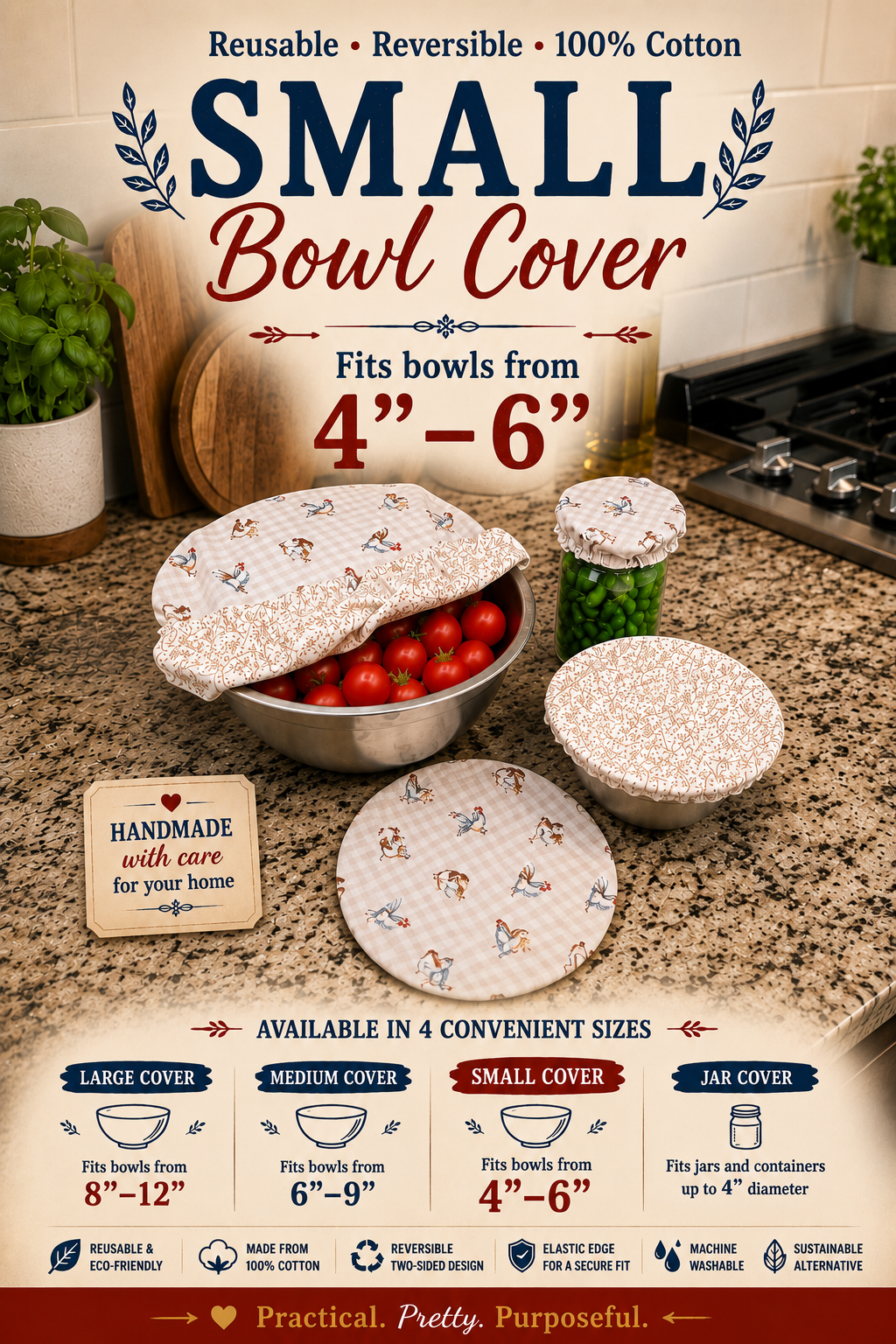 Handmade reversible cotton small bowl cover for everyday food storage