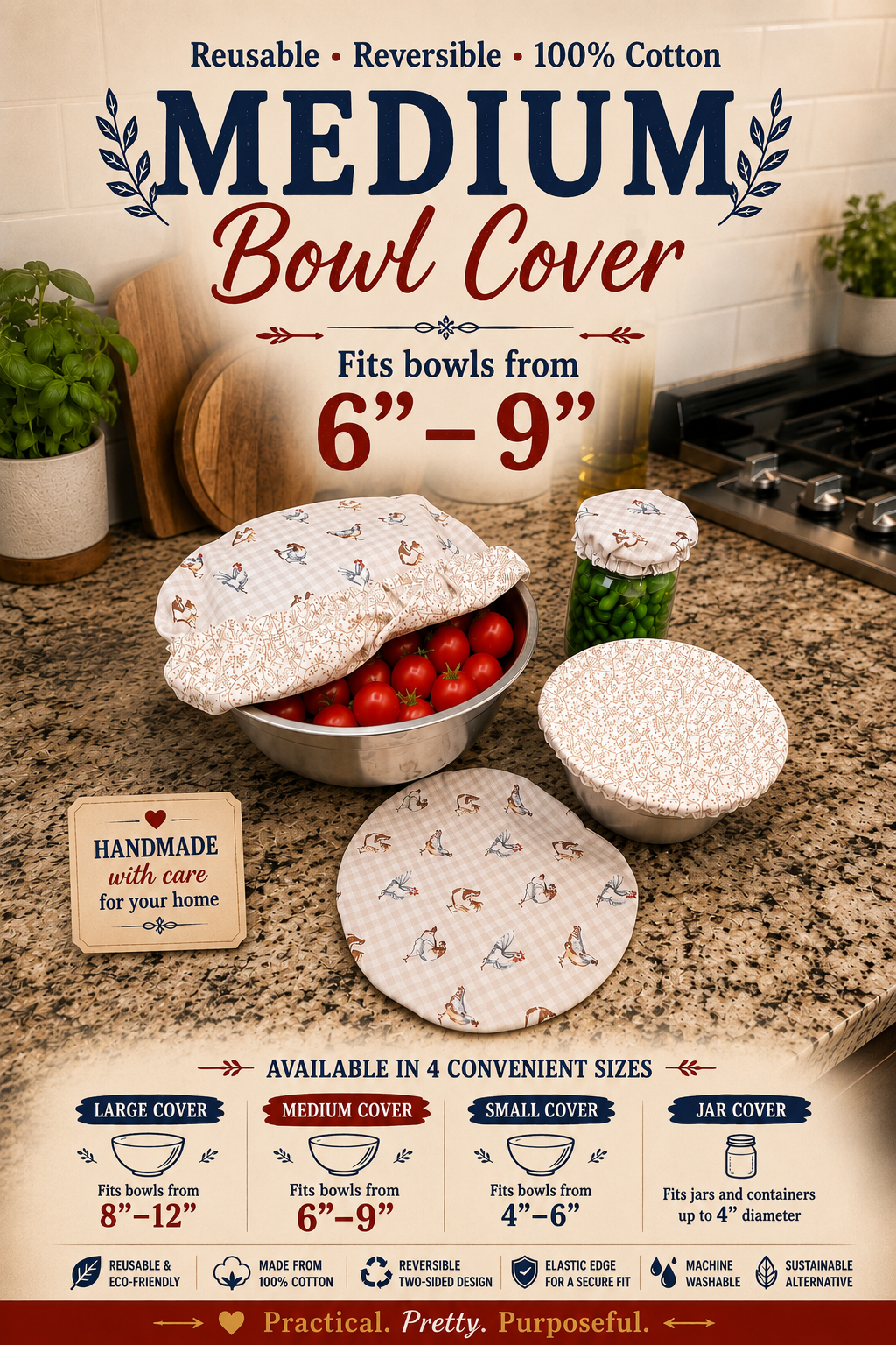Chicken on Gingham / Tan Vine Medium Reversable Bowl Cover