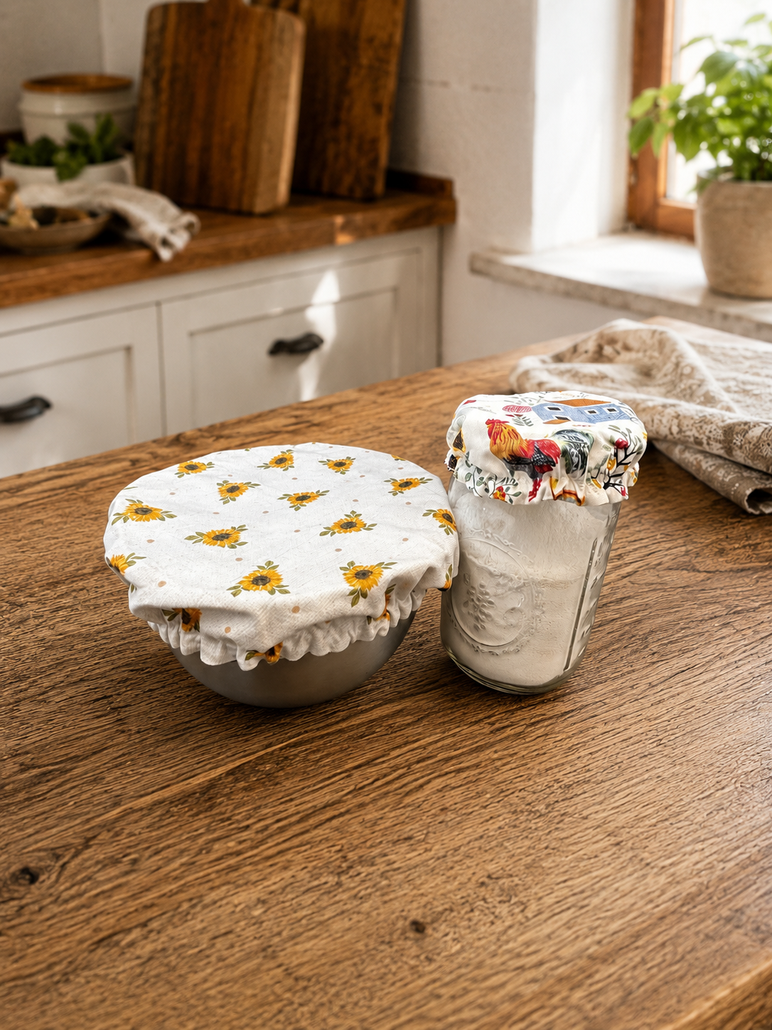 Chicken and Coops / Sunflower Calico Reversable Bowl Covers Set