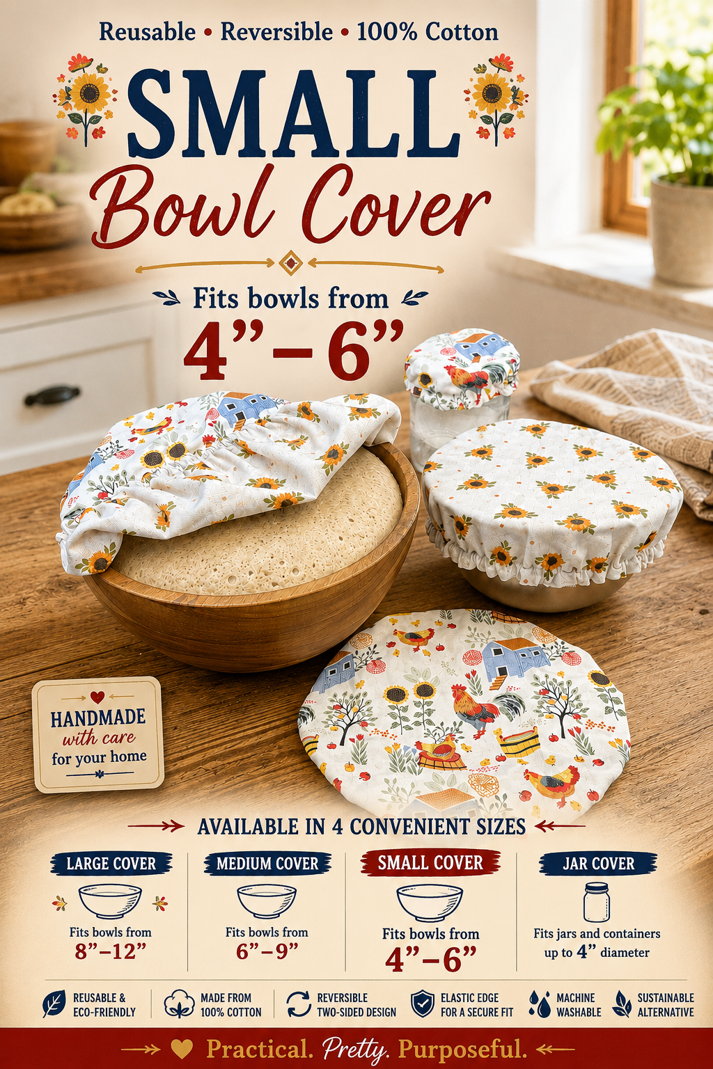 Chicken & Coops / Sunflower - Small Reversable Bowl Cover