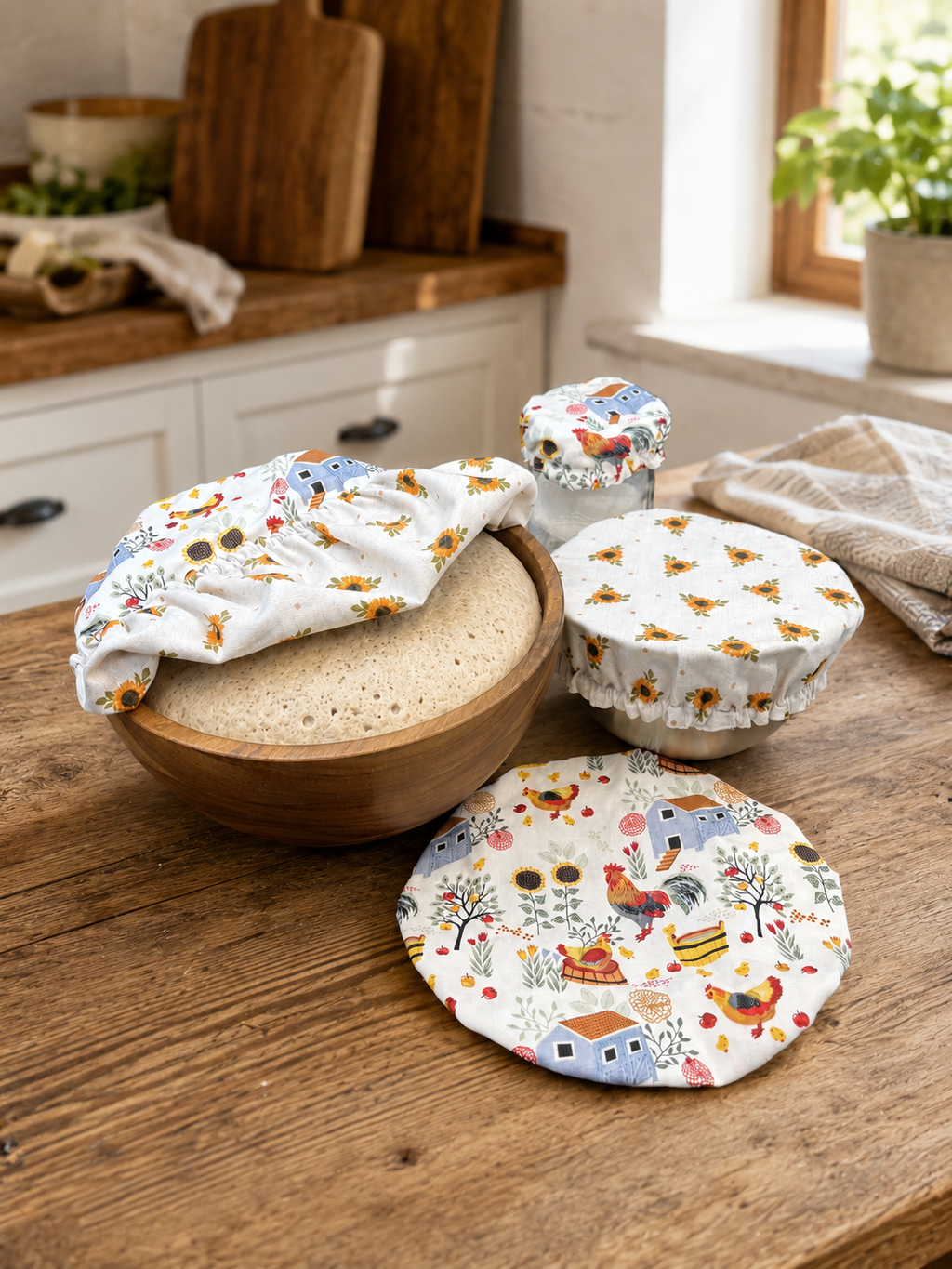 Chicken and Coops / Sunflower Calico Reversable Bowl Covers Set