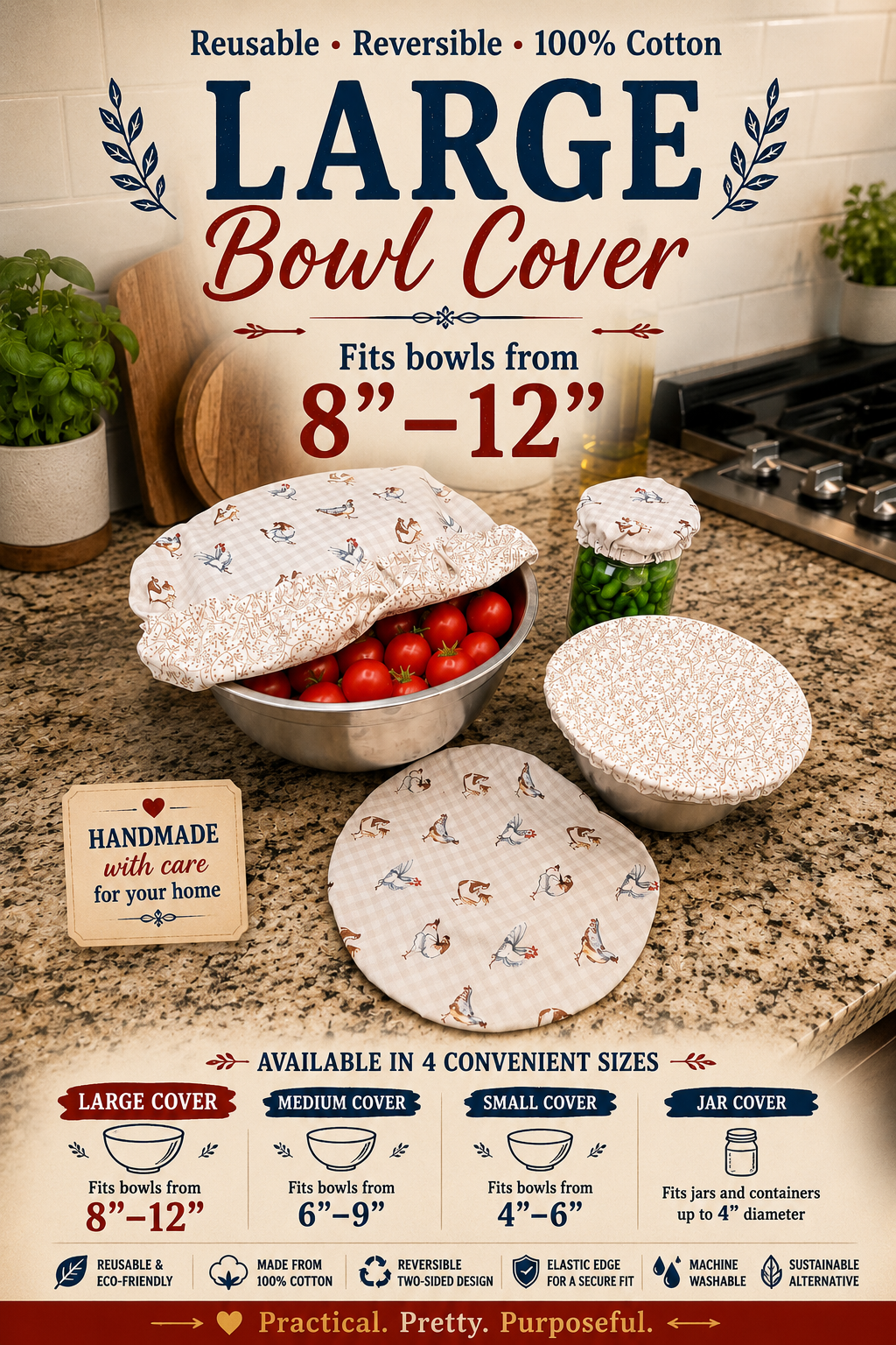 Chicken on Gingham / Tan Vine - Large Reversable Bowl Covers