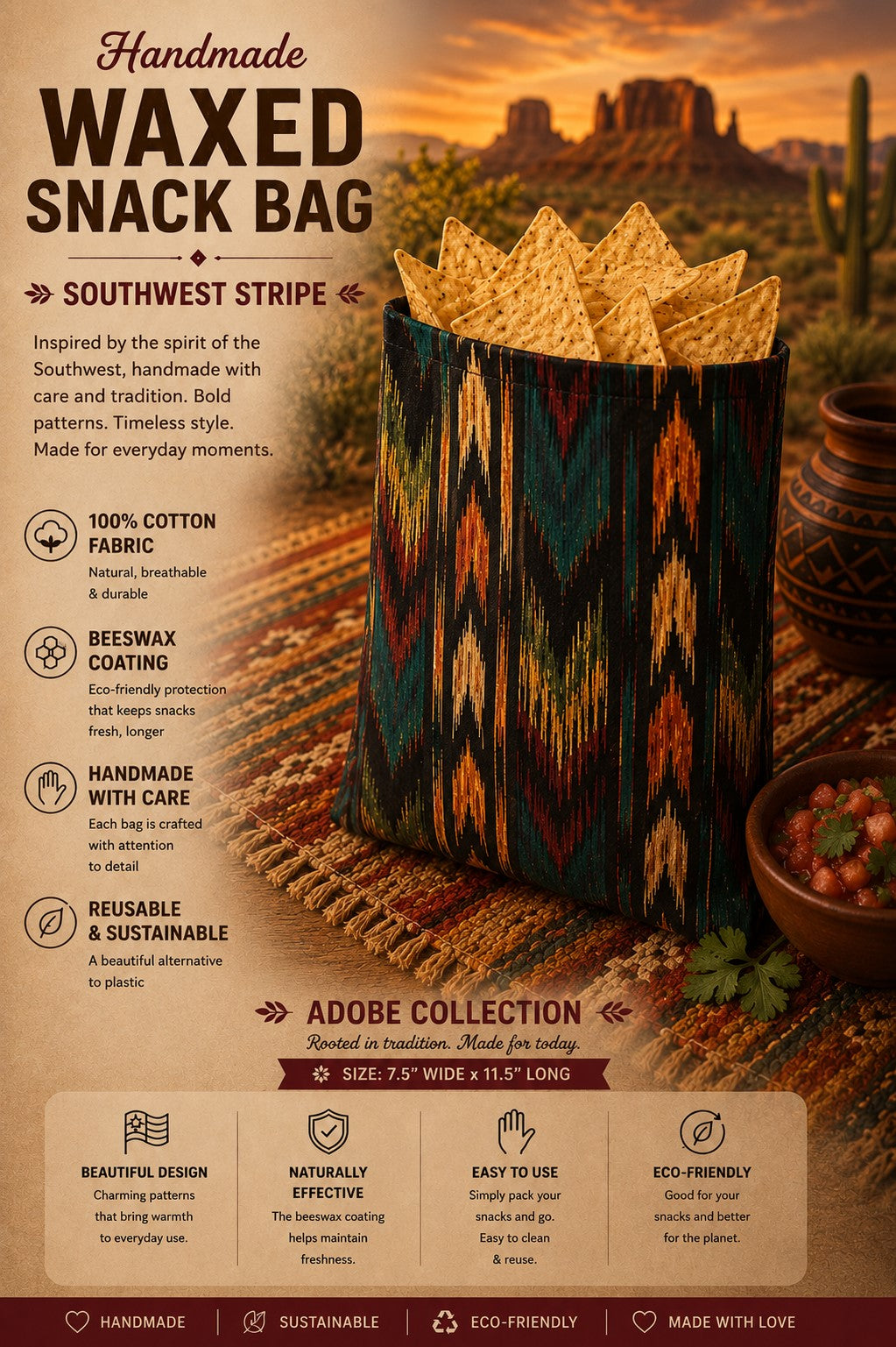 Southwest Stripe Bees Waxed Snack Bag