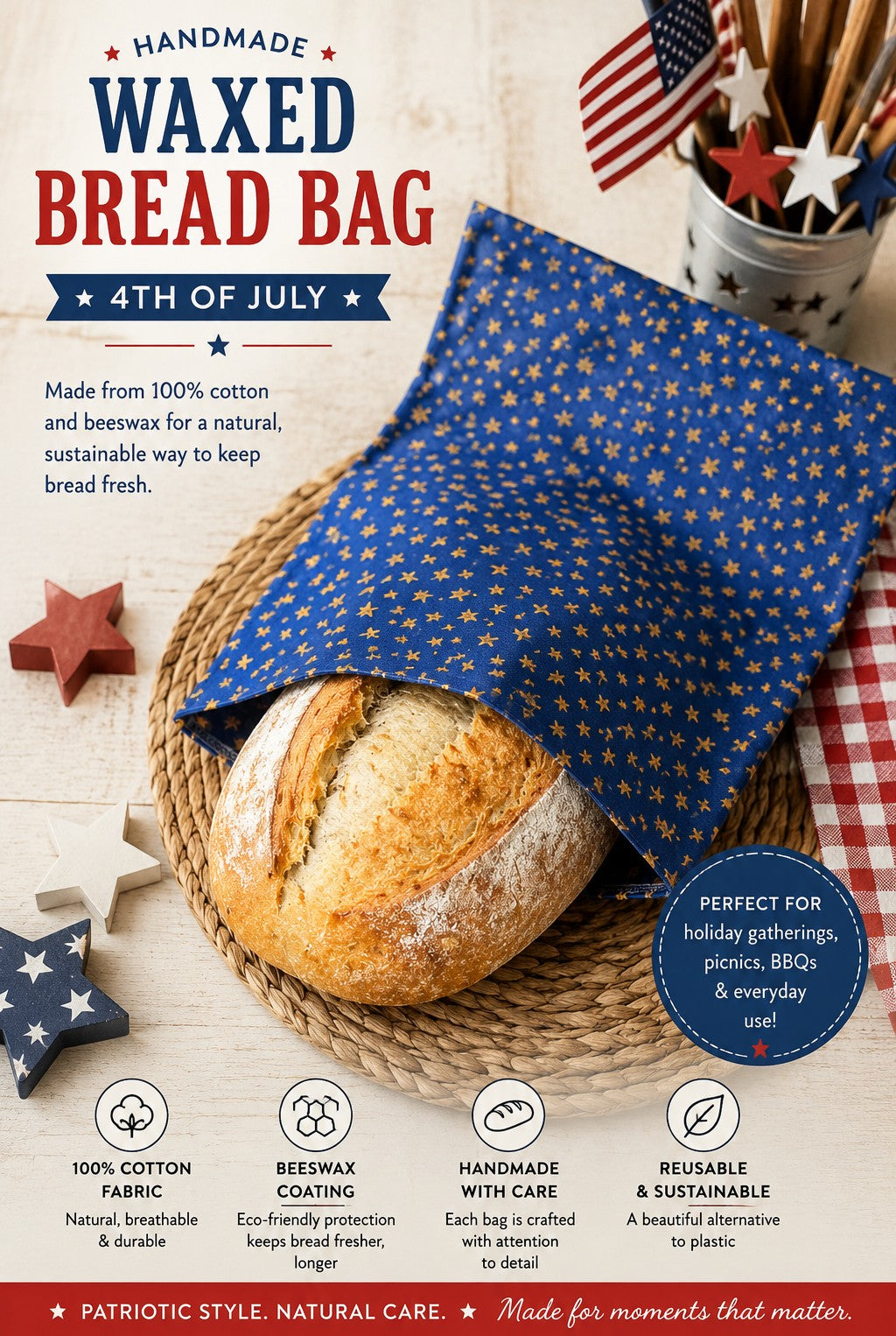Stars of Freedom Bees Waxed Bread Bag
