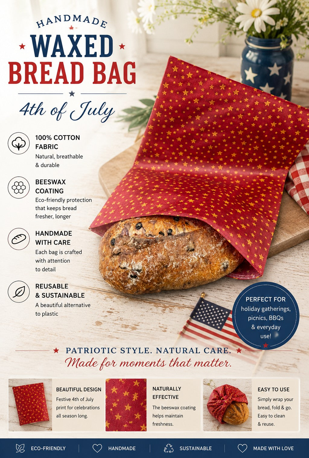 Liberty Stars Bees Waxed Bread Bag