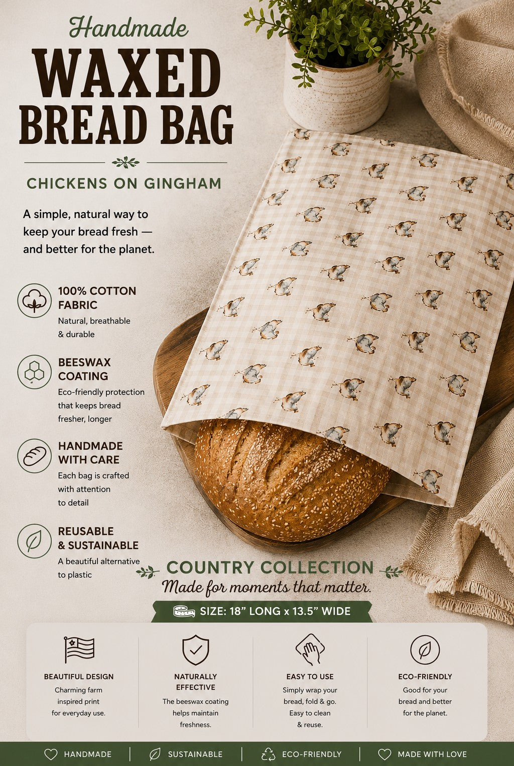Chicken On Gingham Bees Waxed Bread Bag
