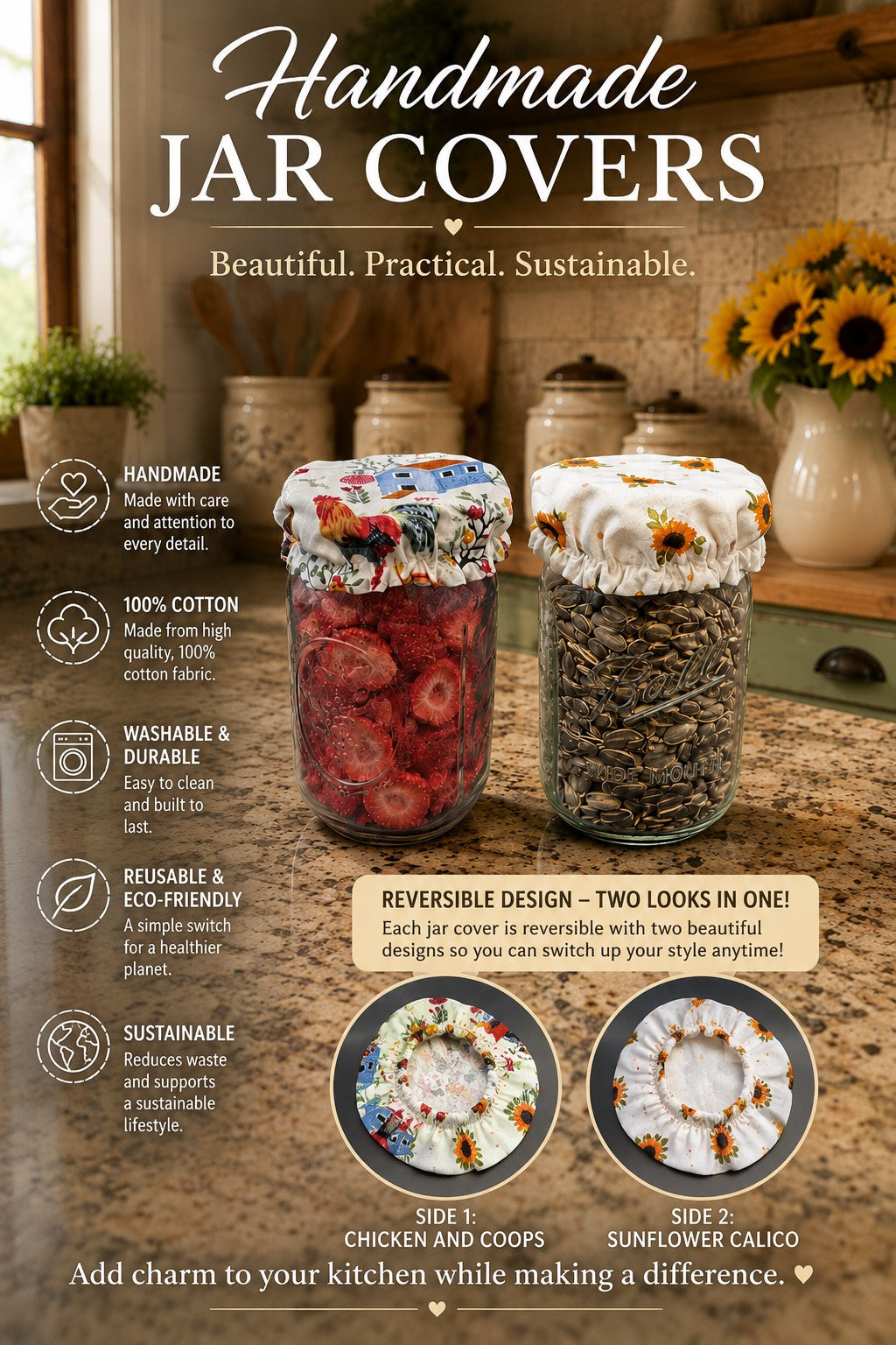 Chicken & Coops / Sunflower Calico Reversible Jar Covers