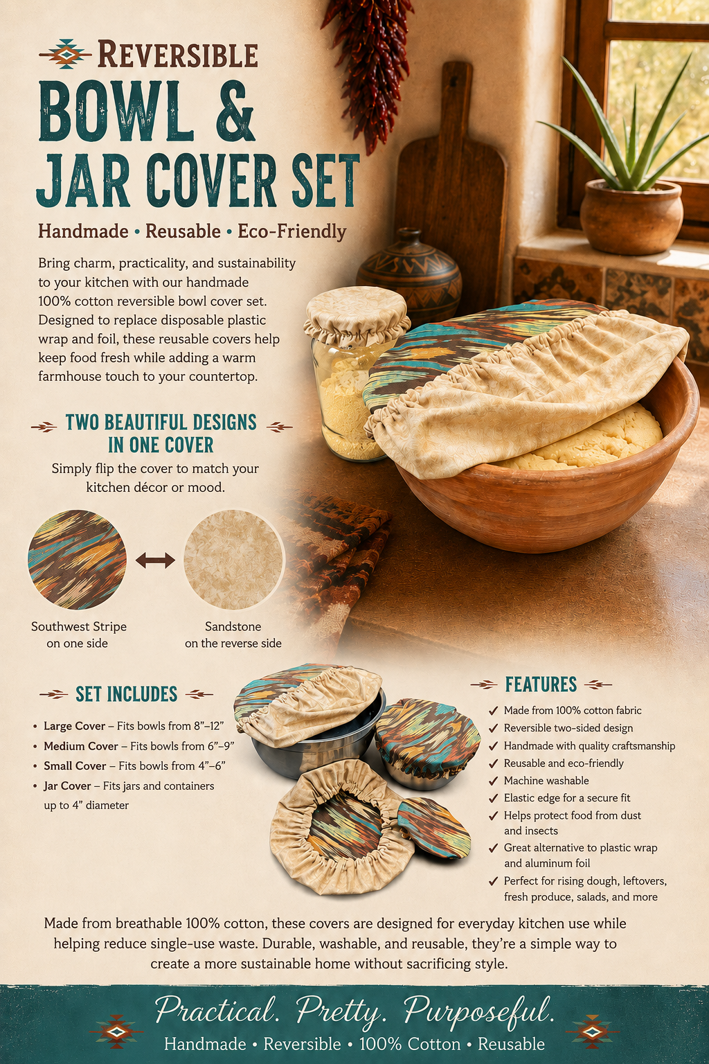 Southwest Stripe / Sandstone:  Reversible Bowl Cover Set