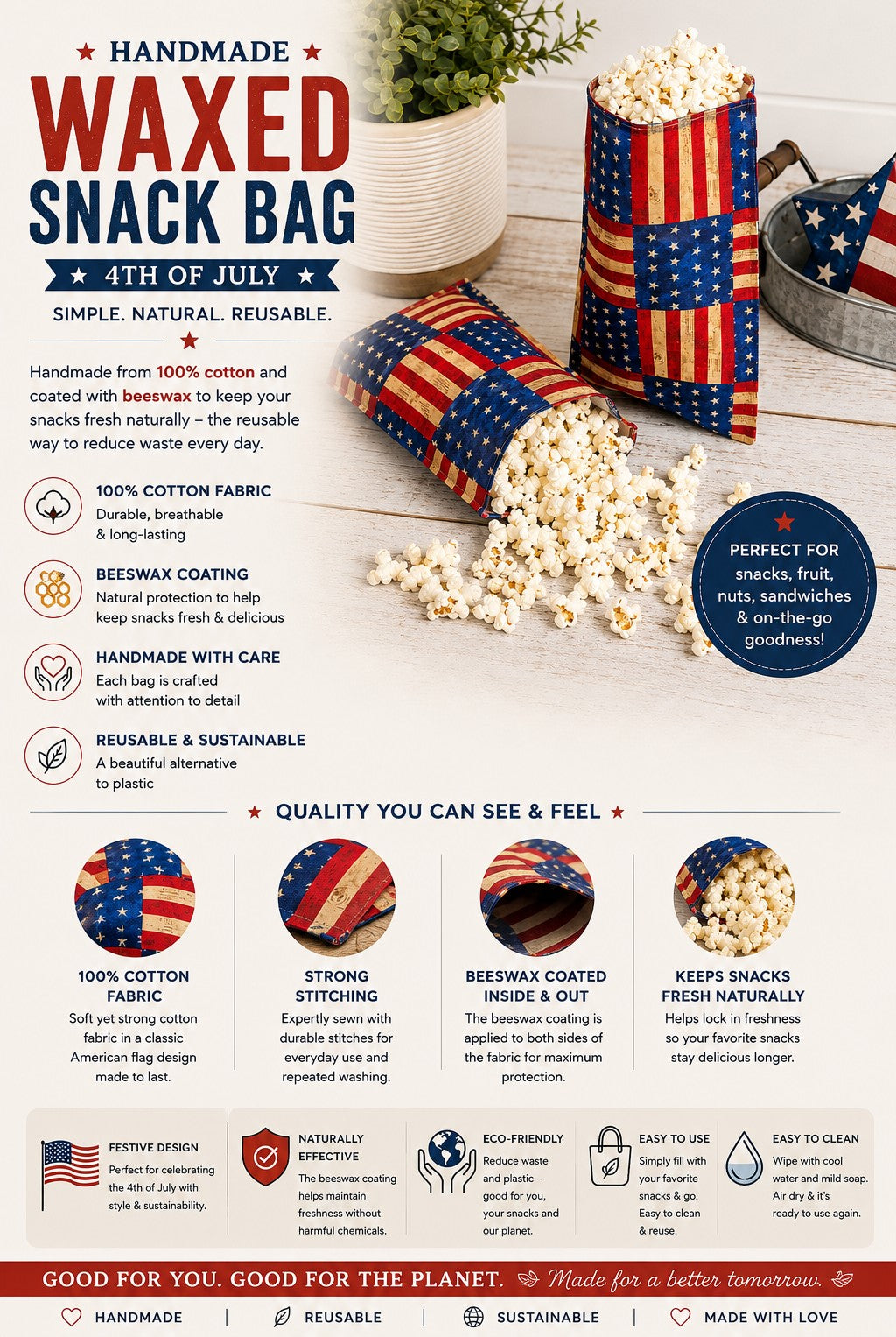 Old Glory Bees Waxed Snack Bag