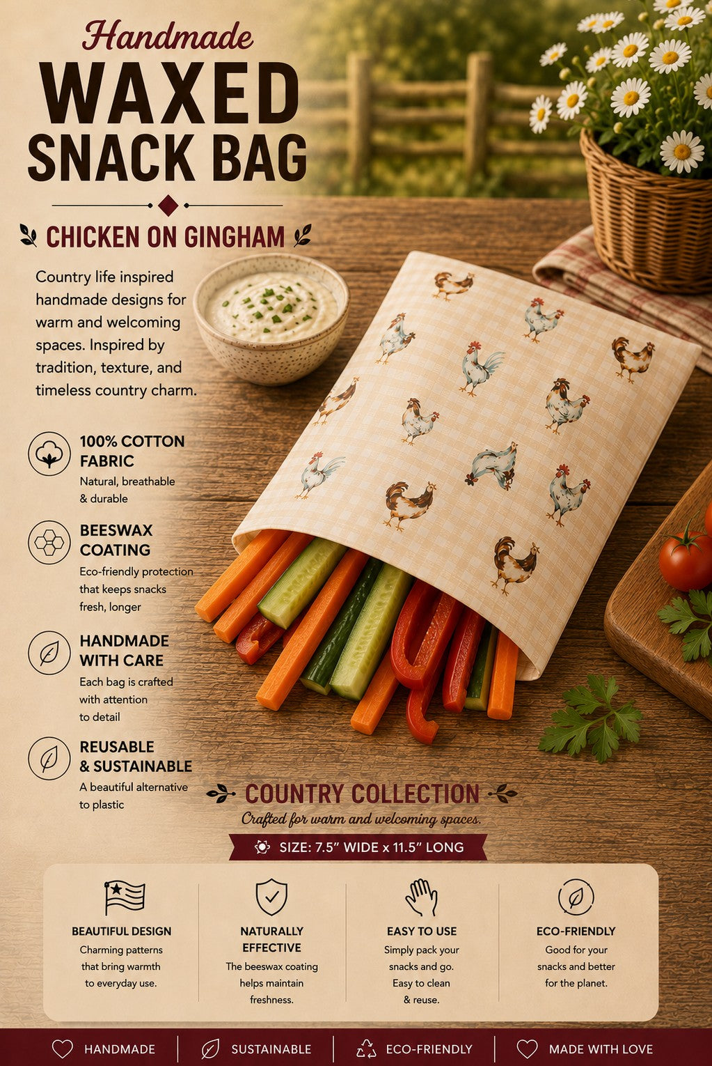 Chicken On Gingham Bees Waxed Snack Bag