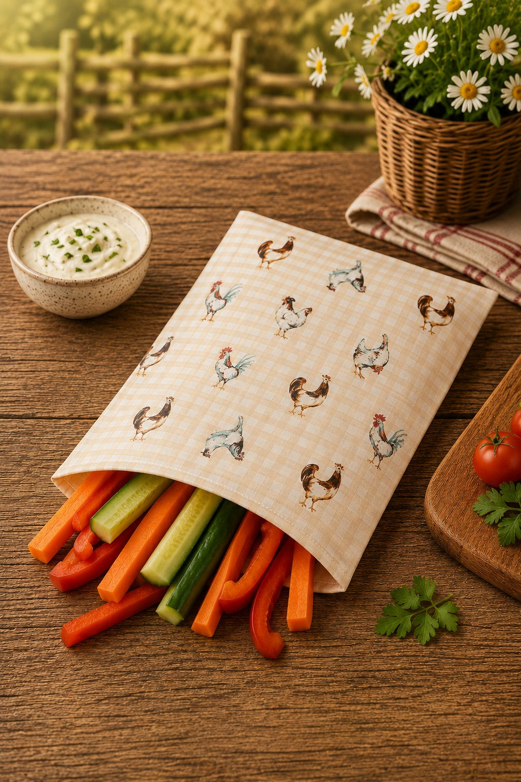 Chicken On Gingham Bees Waxed Snack Bag