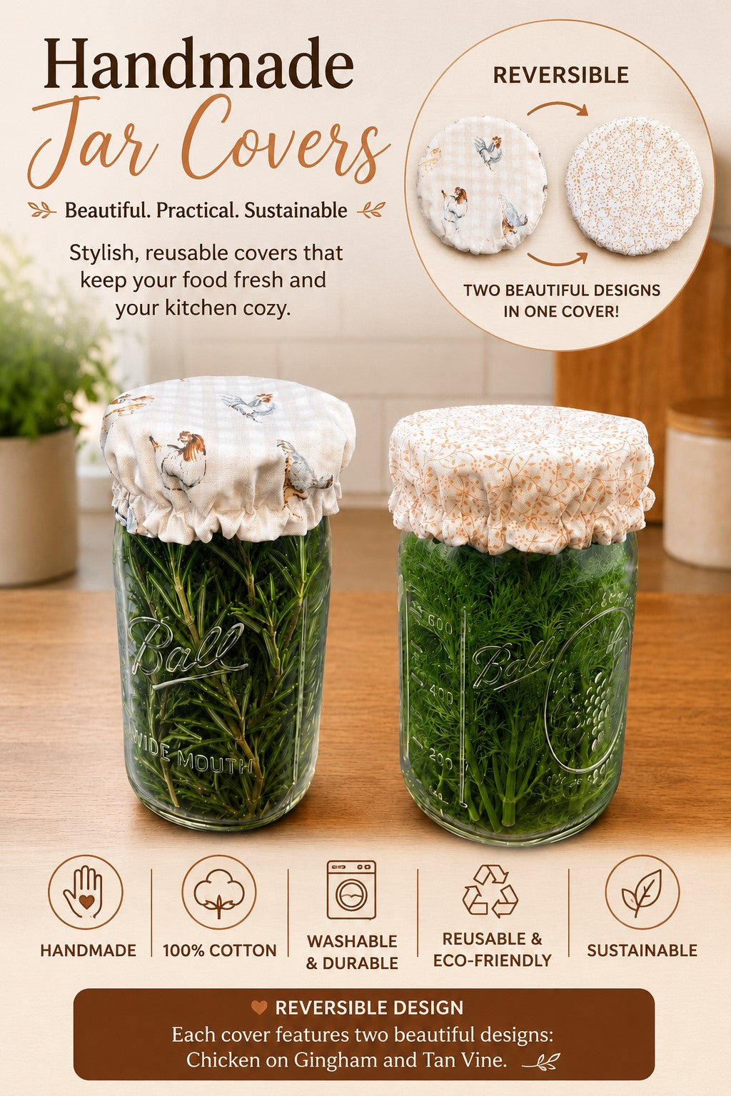 Chicken On Gingham / Tan Vine Reversable Jar Covers