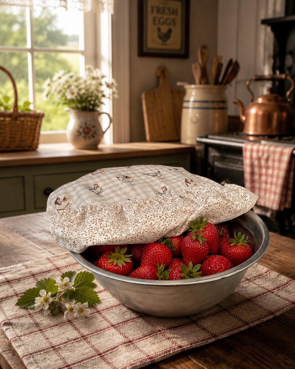 Chicken on Gingham / Tan Vine:  Large Reversible Bowl Covers
