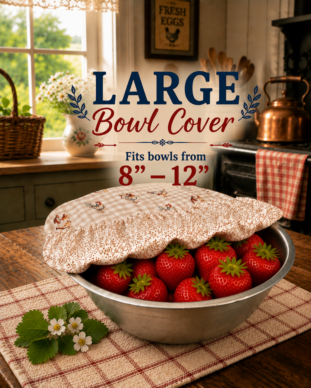 Chicken on Gingham / Tan Vine:  Large Reversible Bowl Covers