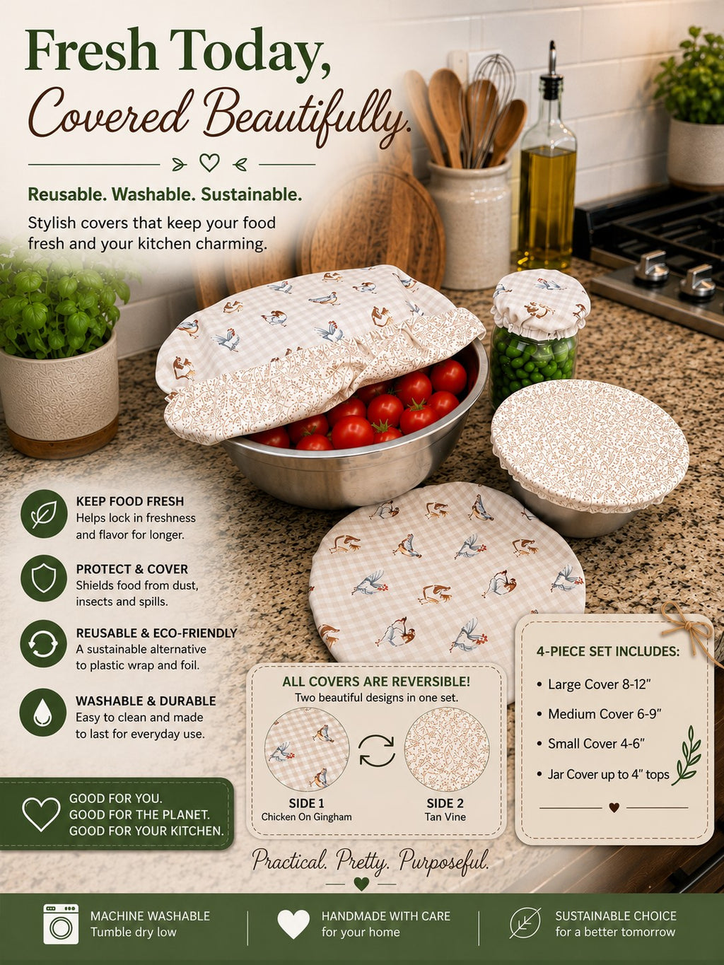 Chicken on Gingham / Tan Vine Reversible Bowl Cover Set