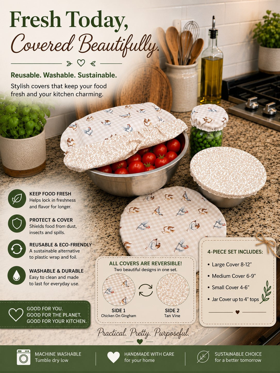 Chicken on Gingham / Tan Vine Reversible Bowl Cover Set