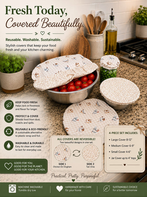 Chicken on Gingham / Tan Vine Reversible Bowl Cover Set