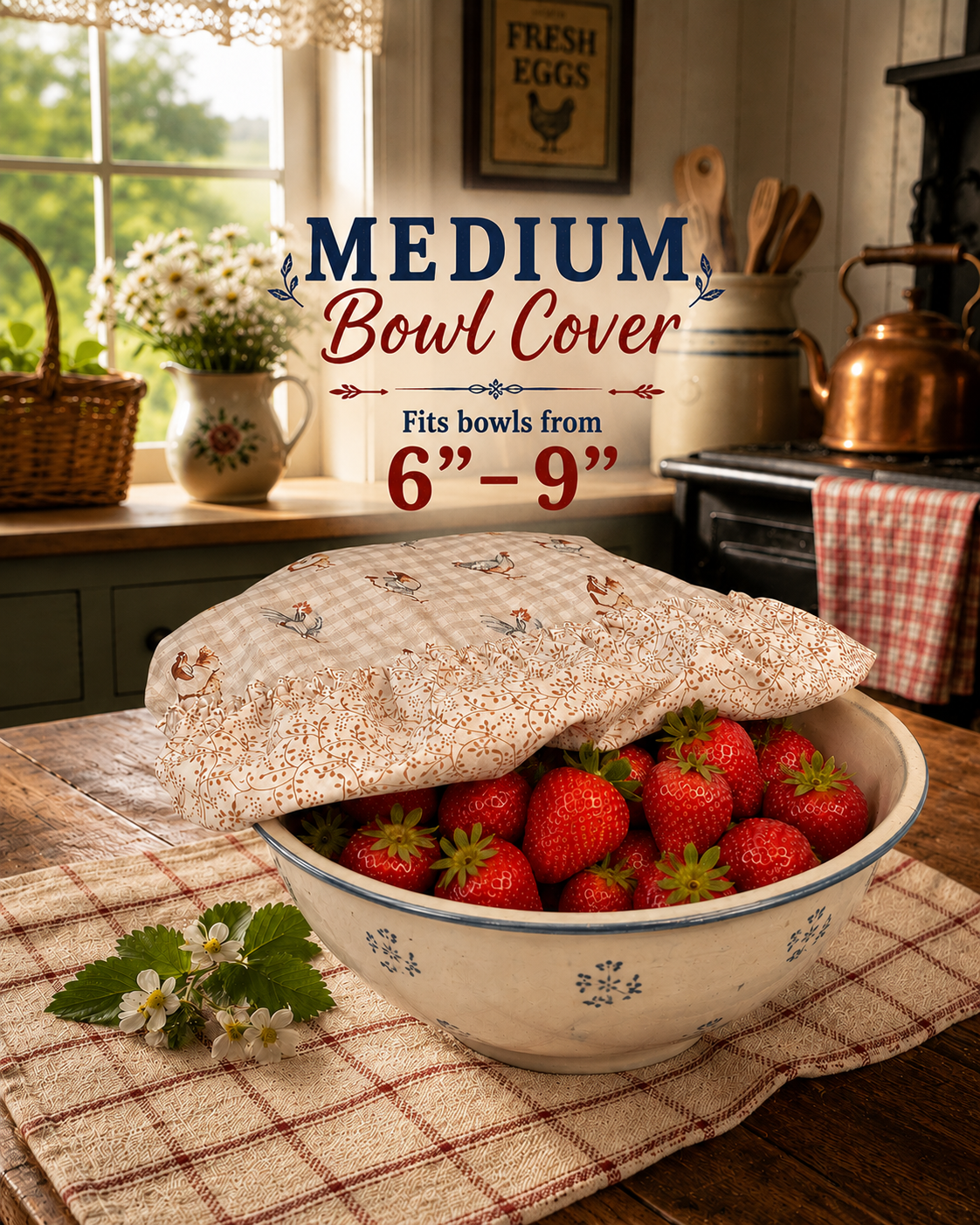 Chicken on Gingham / Tan Vine:  Medium Reversible Bowl Cover