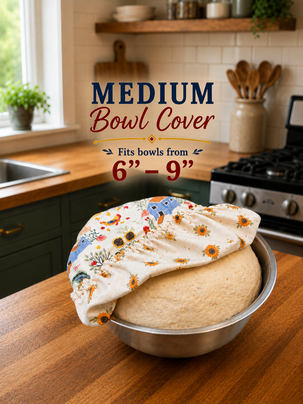 Chicken & Coops / Sunflower Calico:   Medium Reversible Bowl Cover