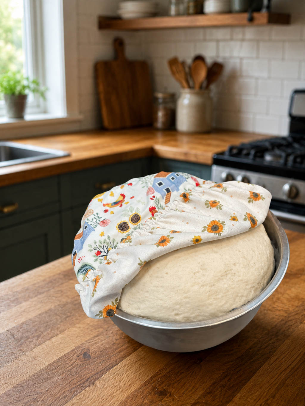 Chicken & Coops / Sunflower Calico:   Medium Reversible Bowl Cover