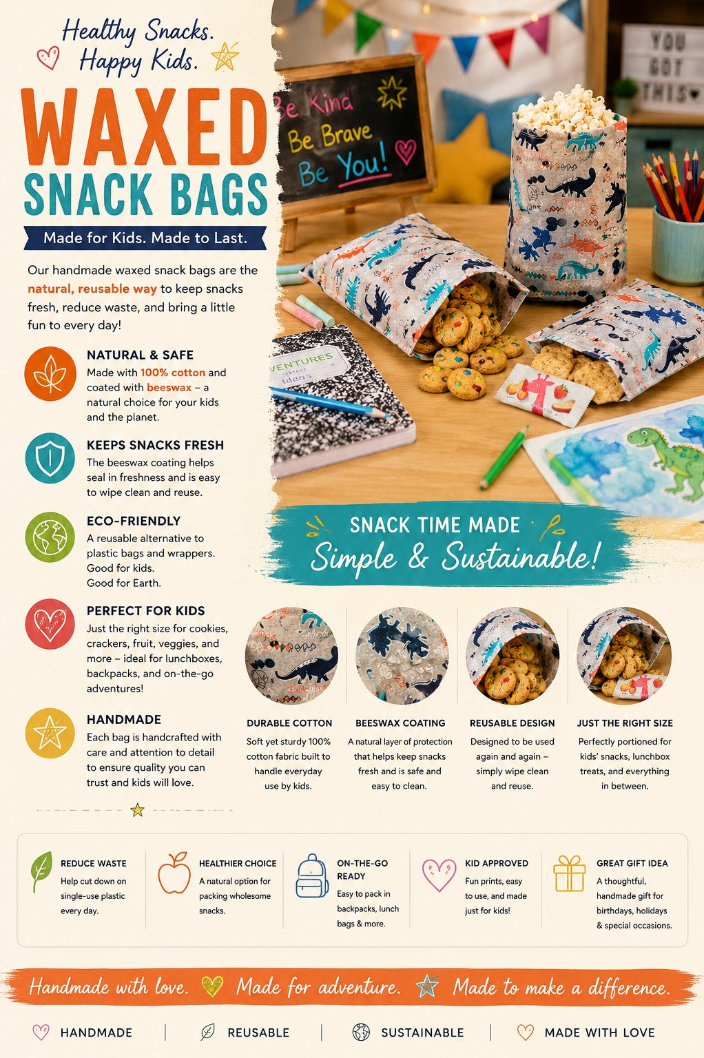 Dino: Bees Waxed Snack Bag