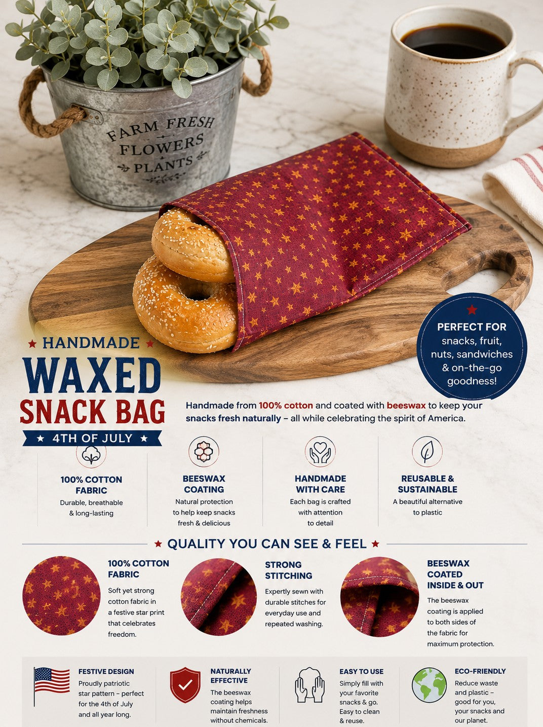 Liberty Stars Bees Waxed Snack Bag