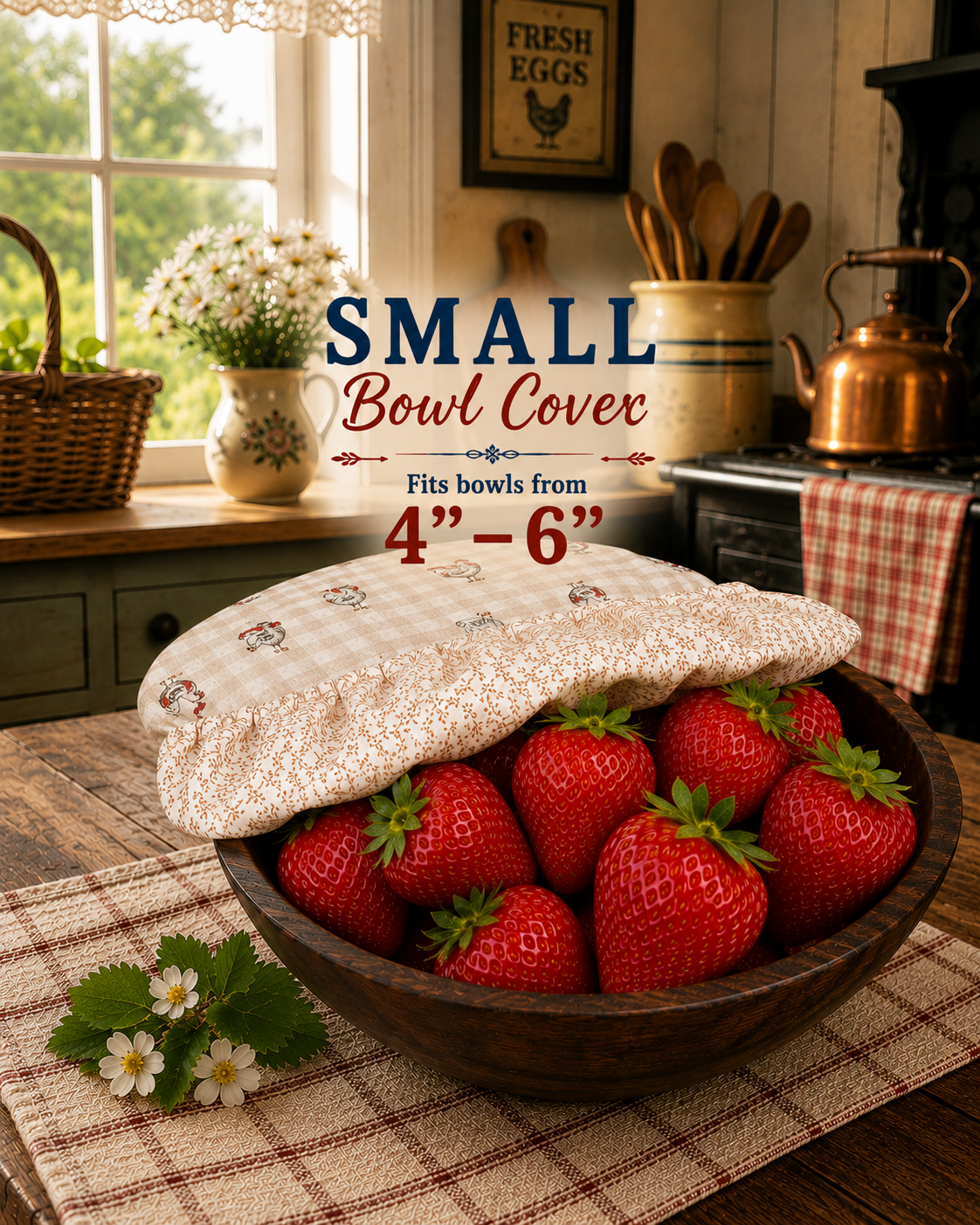 Chicken On Gingham / Tan Vine:   Small Reversible Bowl Covers