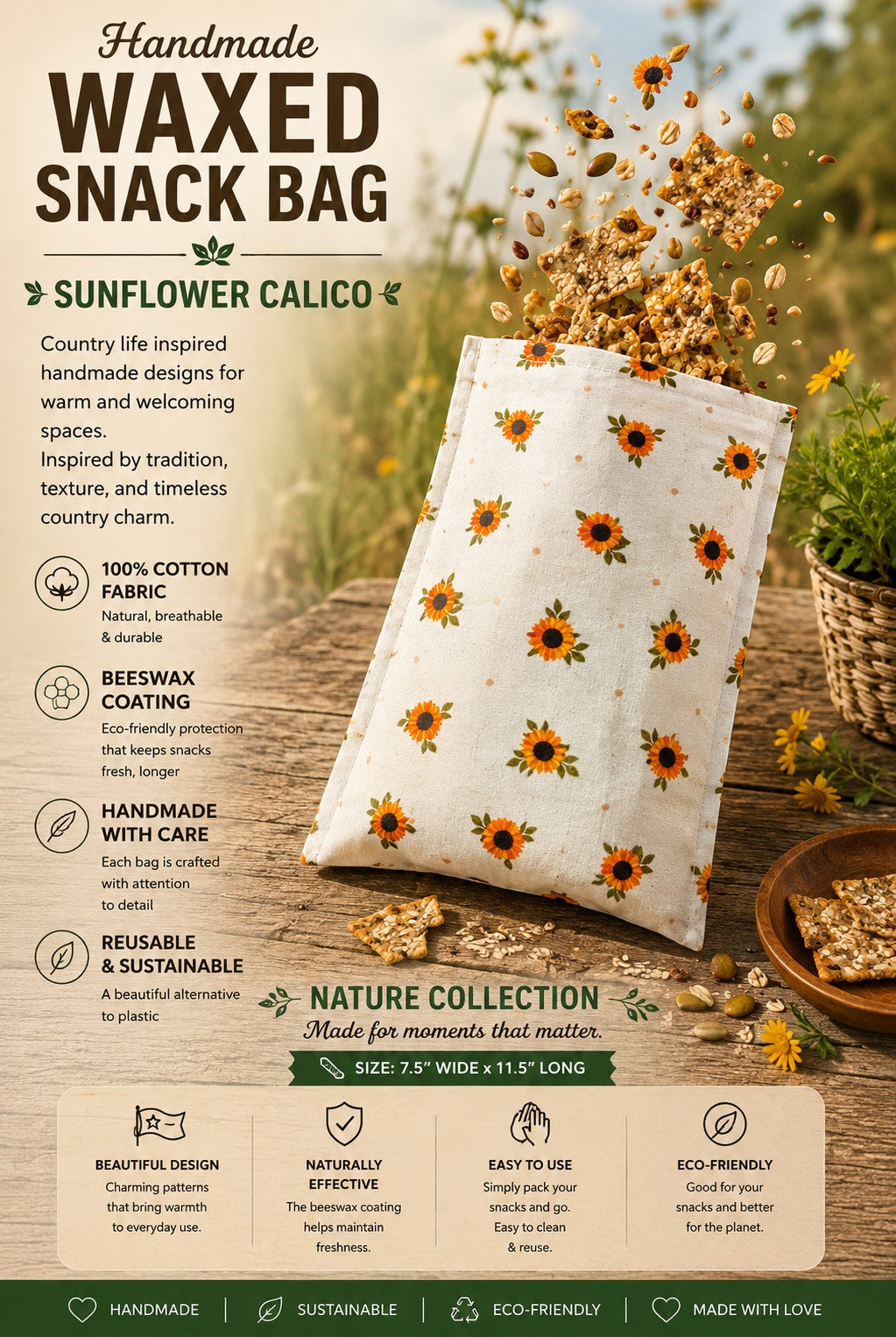 Sunflower Calico Bees Waxed Snack Bag