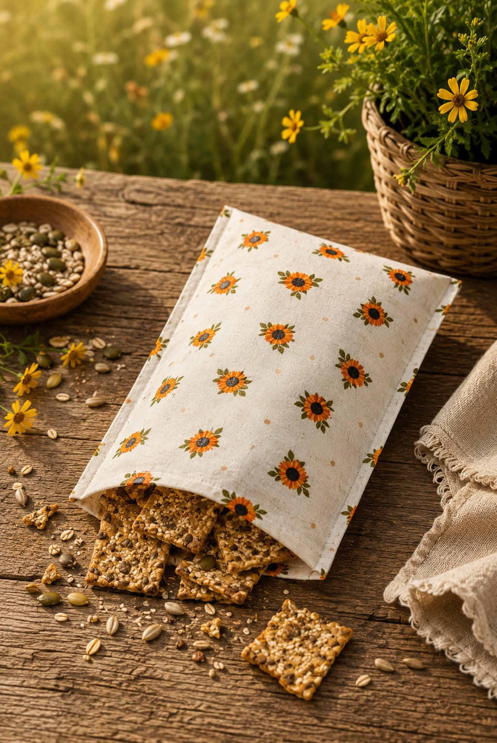 Sunflower Calico Bees Waxed Snack Bag
