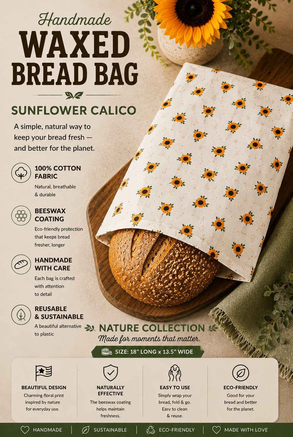 Sunflower Calico Bees Waxed Bread Bag