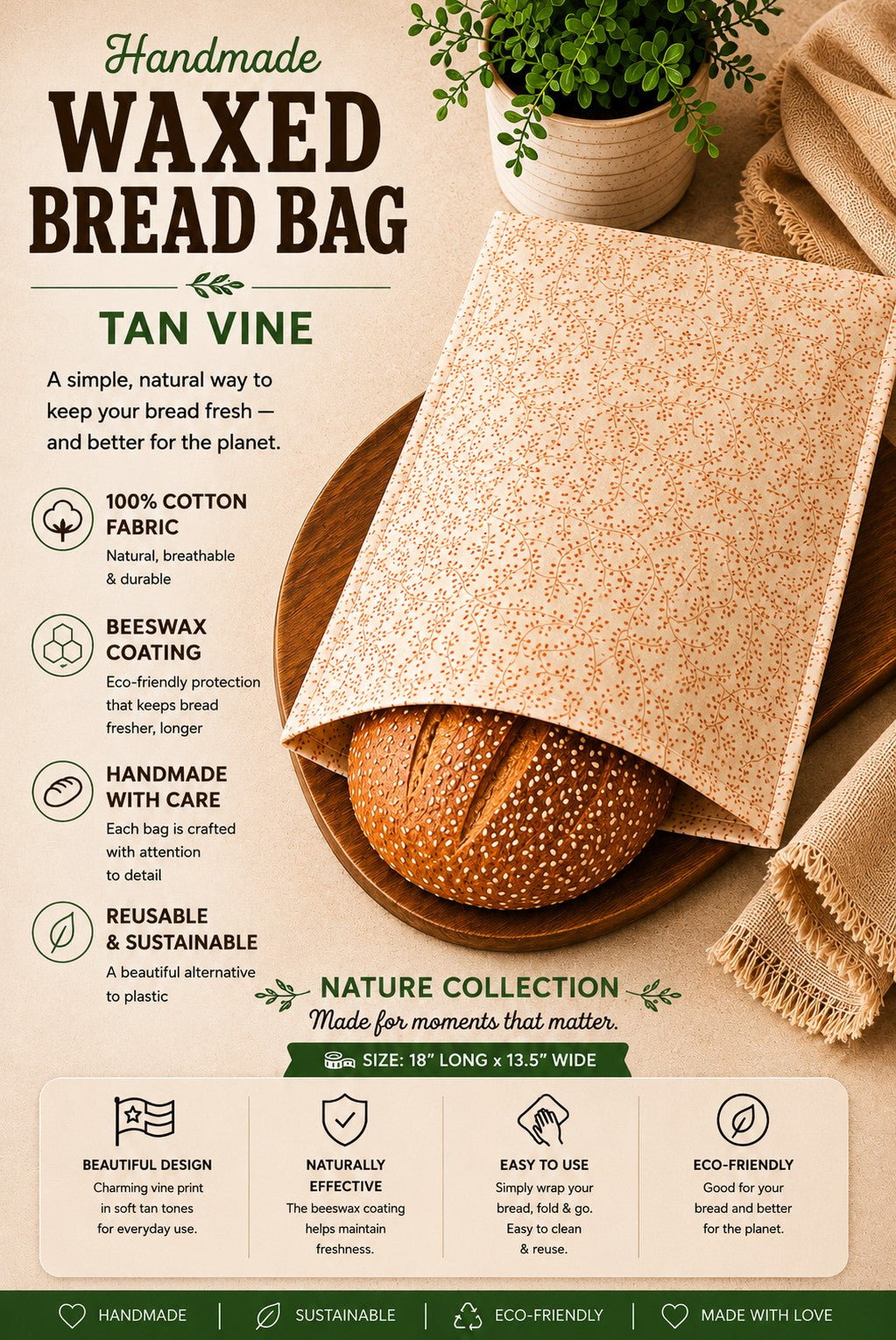 Tan Vine Bees Waxed Bread Bag