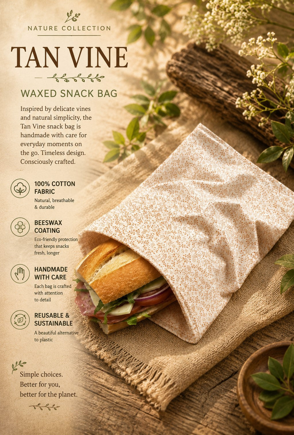 Tan Vine Bees Waxed Snack Bag