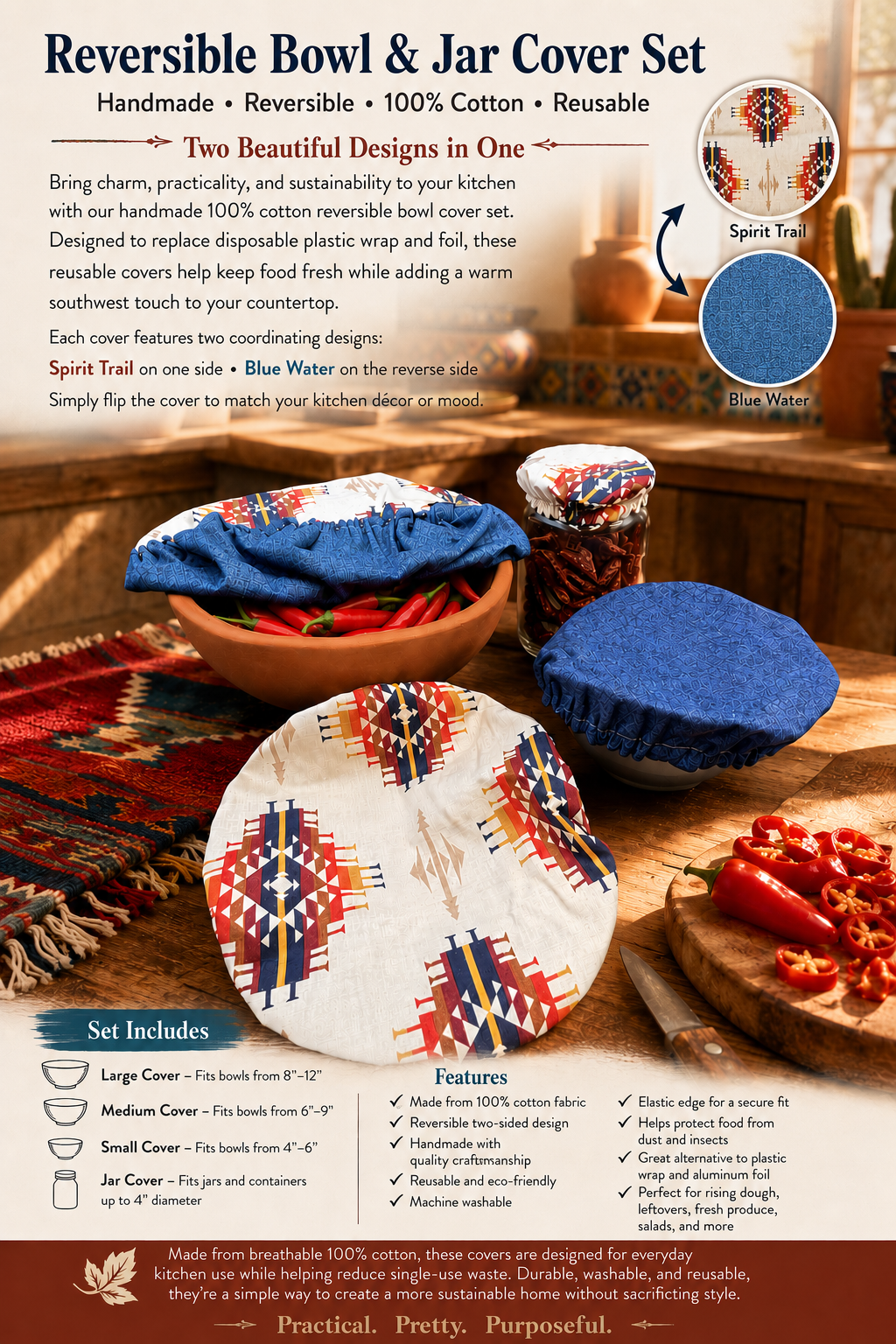 Spirit Trail / Blue Water Reversible Bowl Cover Set