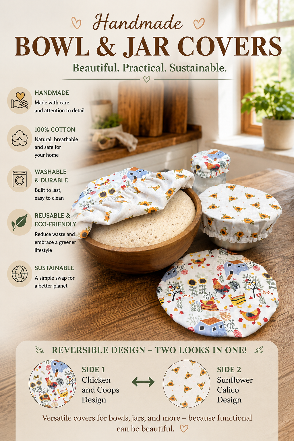 Chicken and Coops / Sunflower Calico Reversable Bowl Covers Set