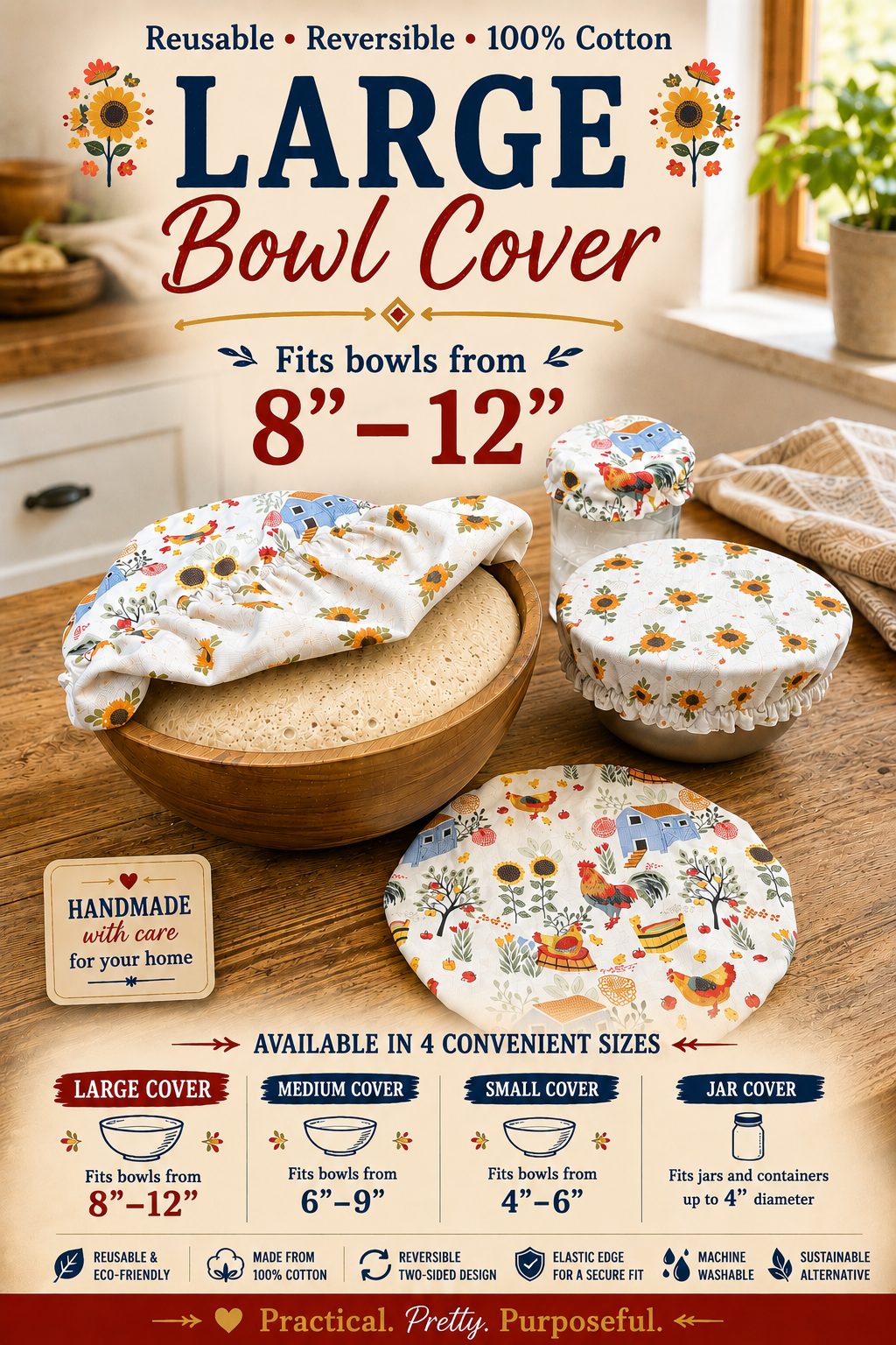 Chicken Coops / Sunflower Calico - Large Reversable Bowl Cover